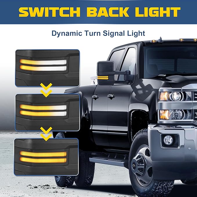 Black Pair Towing Mirrors Power Heated w/White Running Light Sequential Turn light Clearance Lamp Compatible for 99-02 Chevy Silverado Suburban Tahoe GMC Serria Yukon