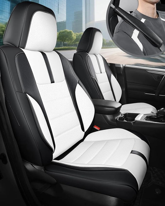 FREESOO Black White Front Car Seat Covers - Faux Nappa Leather Seat Covers for Cars, with Carbon Fiber Texture Seatbelt Pads, Cute Cushion Protectors Fit for Most Vehicles Sedans SUV Trucks Civic