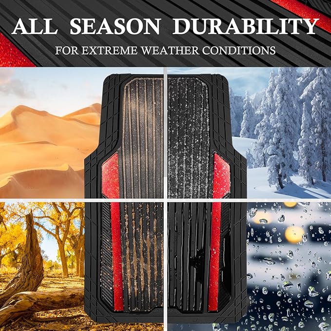 CAR PASS Heavy Duty Rubber Car Mats Metallic, Aluminum Film All Weather Floor Mats Waterproof Universal Trim to Fit Automotive SUV Sedan Van 4 Piece Anodized Deep Dish Two-Tone Sporty Black Red Chrome