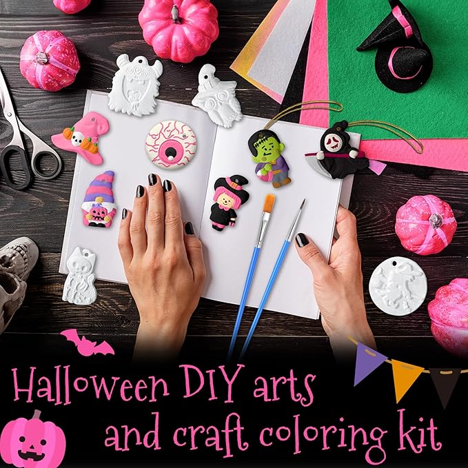Seenelling 24 Sets Halloween DIY Painting Kits Paint Your Own Ceramics Pumpkin Ghost Unpainted Plaster Statues Arts and Crafts with Brush, Lanyard for Kids Halloween Gifts Party Decor(Kawaii)