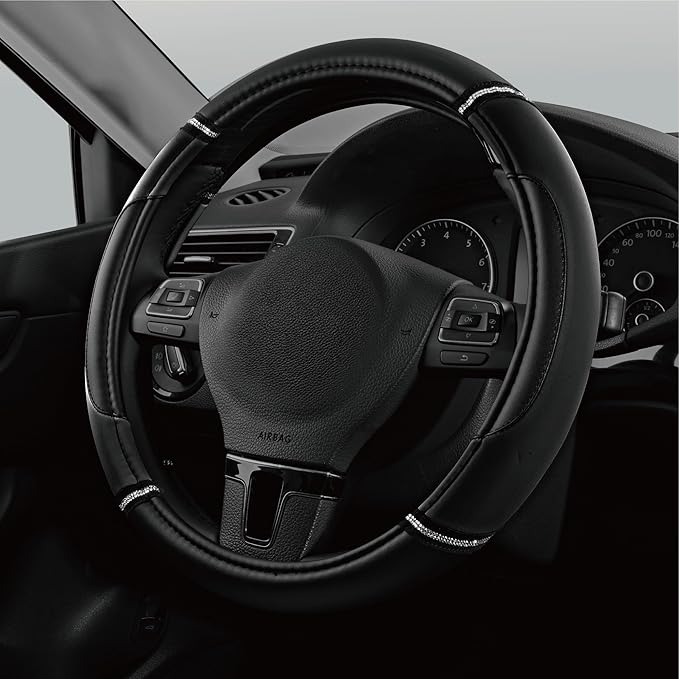 Road Comforts Leather Steering Wheel Cover - Made with PVC Leather - Anti-Slip, Universal Fit 14 1/2 inches to 15 inches - Black