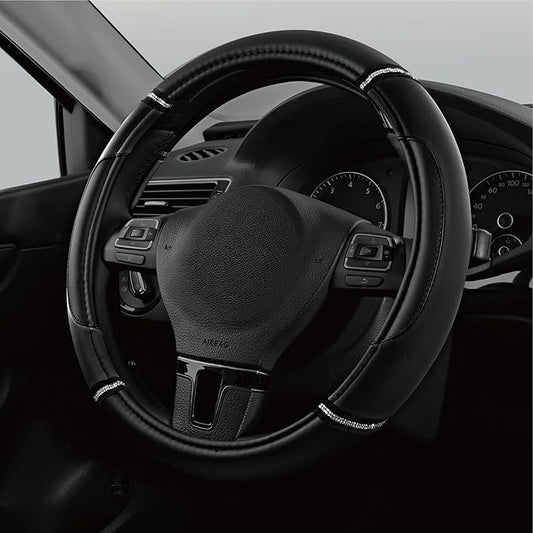 Road Comforts Leather Steering Wheel Cover - Made with PVC Leather - Anti-Slip, Universal Fit 14 1/2 inches to 15 inches - Black