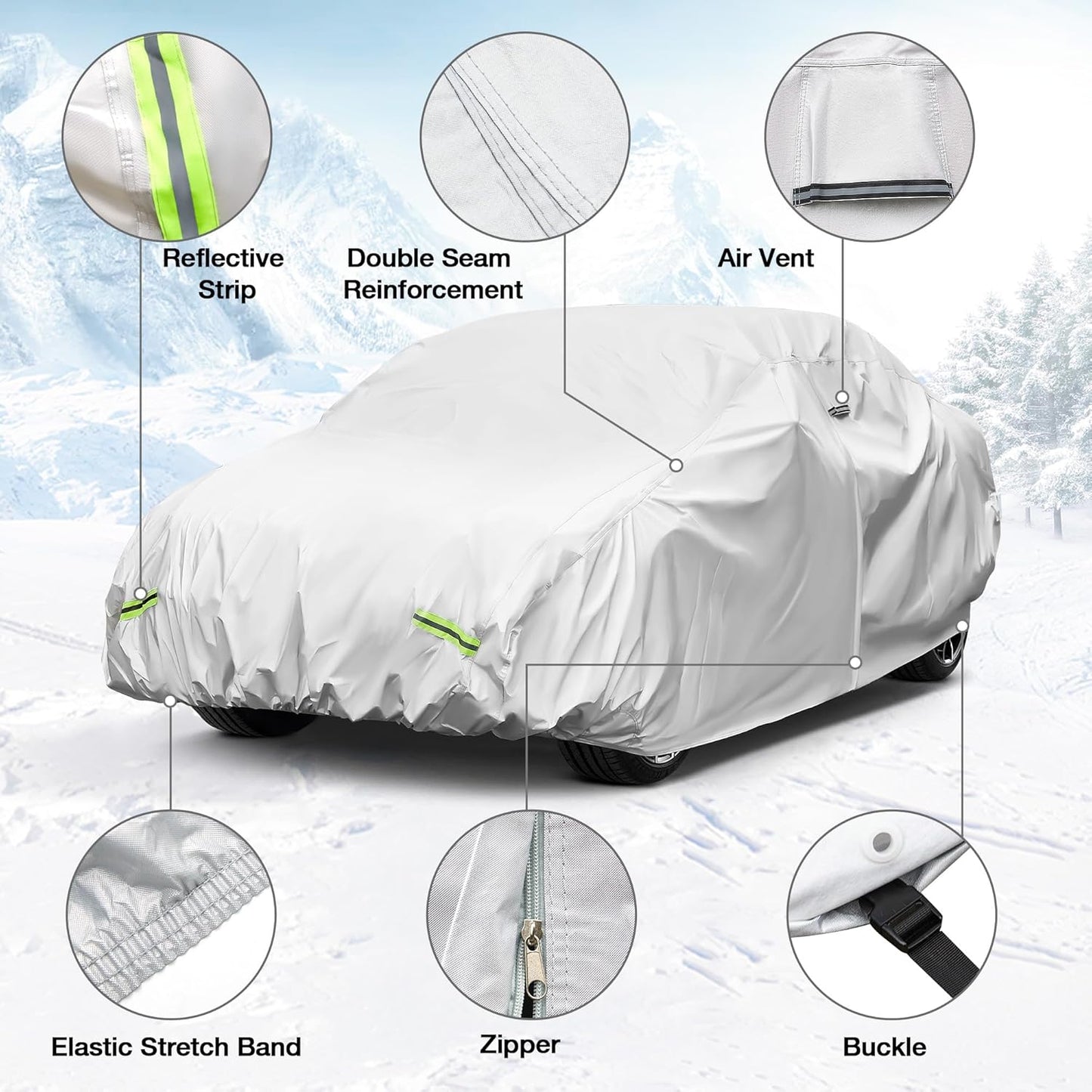 YOLENY Car Cover Waterproof All Weather Full Exterior Covers with Zipper，Universal Fit Sedan Dodge Challenger,Chevrolet Impala,Toyota Avalon,Cadillac Deville/Seville, Lexus ES etc.(UP to 201 inch)