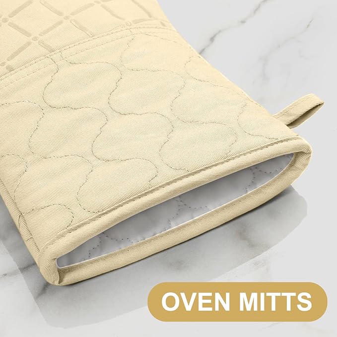 Oven Mitts Pot Holders Sets/Kitchen Towels and Dishcloths, Oven Gloves Kitchen Dish Towels 500 Degree Heat Resistant Potholders with Non-Slip Silicone Surface for Cooking, Grilling, Baking-Beige