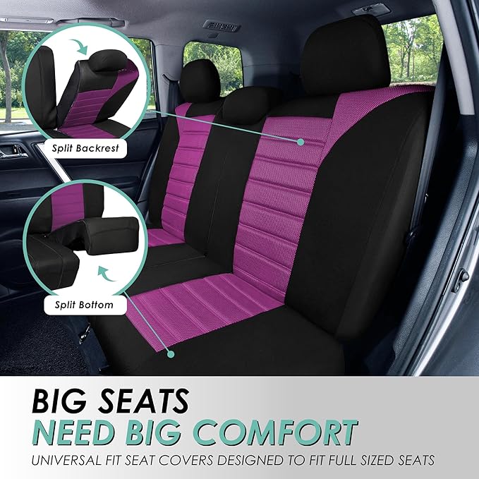 FH Group Automotive Car Seat Covers Full Set Premium 3D Air Mesh Front Seat Covers, Airbag Compatible & Split Bench Cover Universal Fit Interior Accessories for Cars Trucks and SUVs - Purple