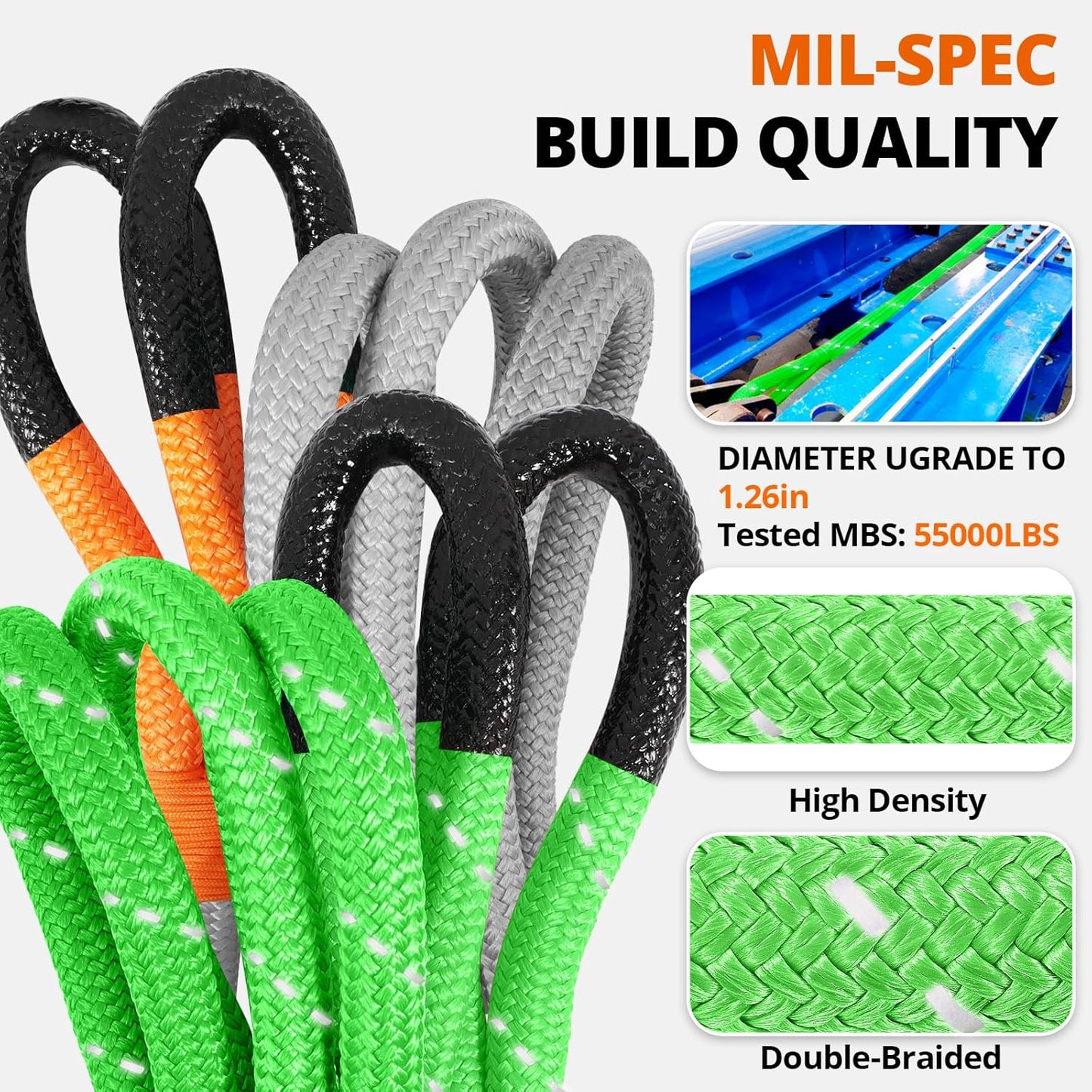 Kinetic Recovery Tow Rope: 1.26" x 20ft 55000LBS Reflective Snatch Strap with Soft Shackles Heavy Duty Offroad Towing Straps Kit for Trucks SUV UTV ATV Tractor Car Jeep - Neon Green
