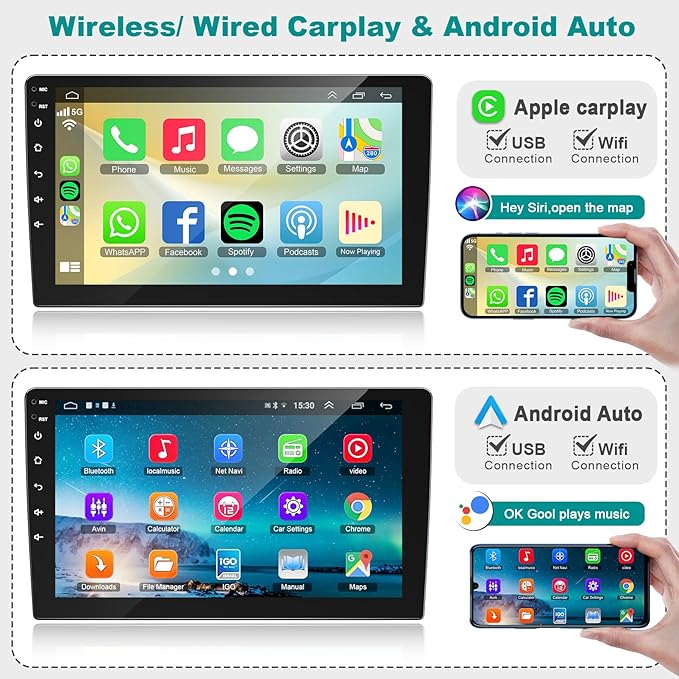 8 Core QLED Screen 1280 * 800 Car Radio Double Din Android 13 GPS Navigation Stereo with Wireless Carplay Android Auto, FM/AM, Bluetooth,Steering Wheel Control,DSP