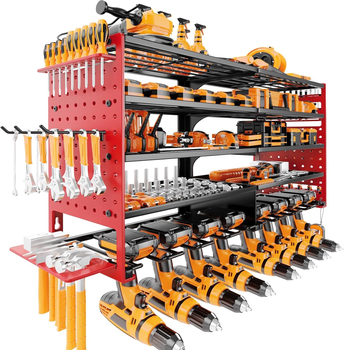 5 Layers Power Tool Organizer Wall Mount, Cordless Tool Storage Rack Holder with 8 Drill Holders, Heavy Duty Garage Wall Tool Shelf for Workshop Tool Room Men Husband Father Gift (Black-Red)