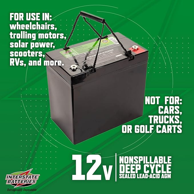 Interstate Batteries 12V 55Ah Deep Cycle Mobility Battery Group 22NF VRLA SLA AGM (Insert Terminal) Rechargeable Replacement for Wheelchairs, Scooters, ATVs, Solar Power (DCM0055)