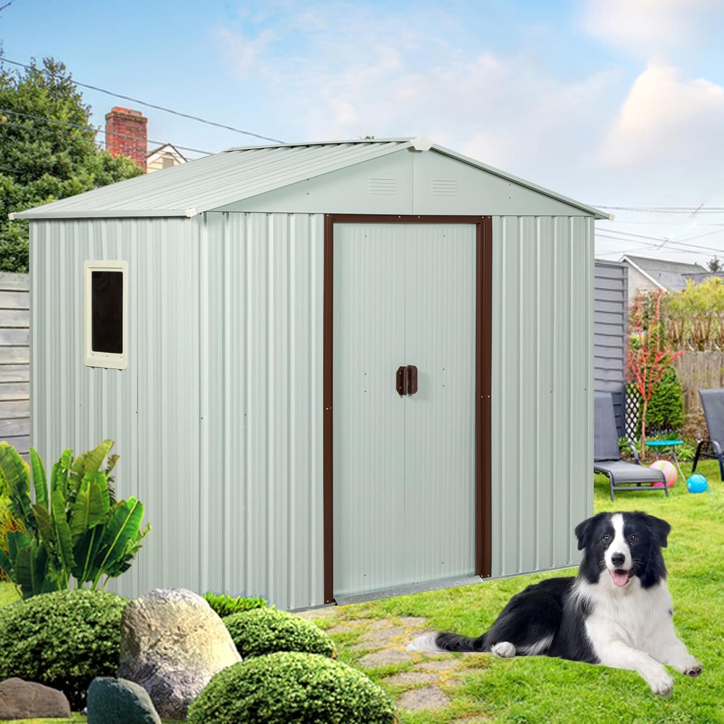 8 x 4 FT Outdoor Storage Shed with Side Window, Metal Garden Shed w/Sliding Doors & Lock, Floor Base and Air Vents, Utility Tool Storage House for Backyard Lawn, White