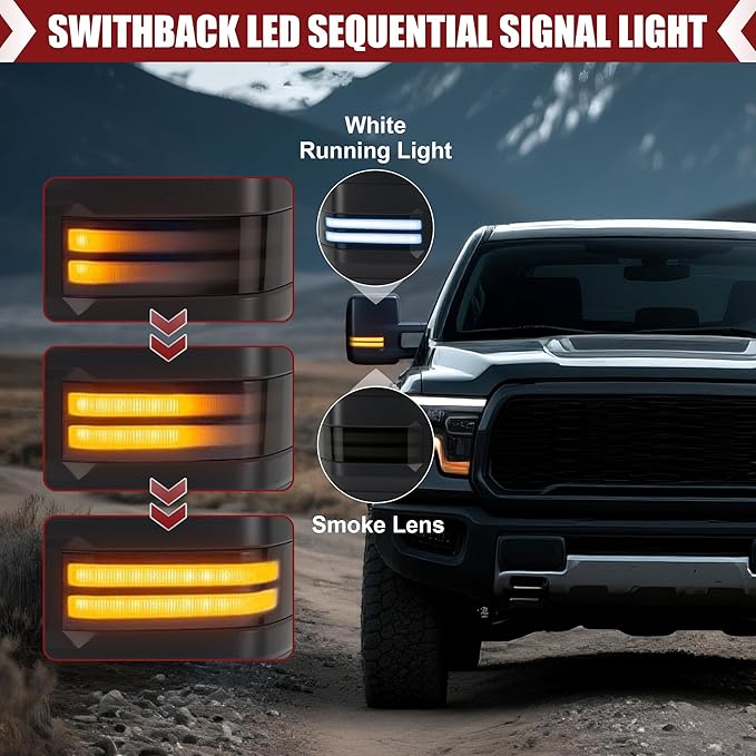 Tow Mirrors Compatible with 2007-2021 Tundra, 2008-2017 Sequoia, Extended Trailer Towing Side Mirrors with Sequential Switchback Turn Signal, Power Heated, Backup Light, Arrow Light, Black