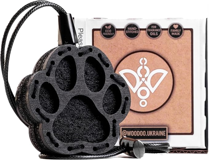 Wood Car Air Freshener — Paw Designed — Handmade Unscented DIY Essential Oil Hanging Diffuser with Felt Insert — Add Your Own Oils — Refillable — Car/Truck/SUV — Cardboard Box