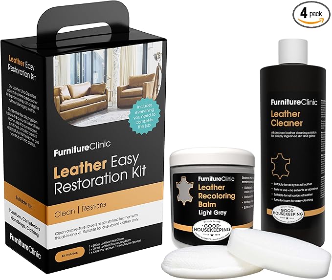 Furniture Clinic Leather Easy Restoration Kit | with Leather Recoloring Balm, Cleaner, Sponge, and Cloth | Leather Repair Kit for Scratched and Faded Furniture (Light Grey)