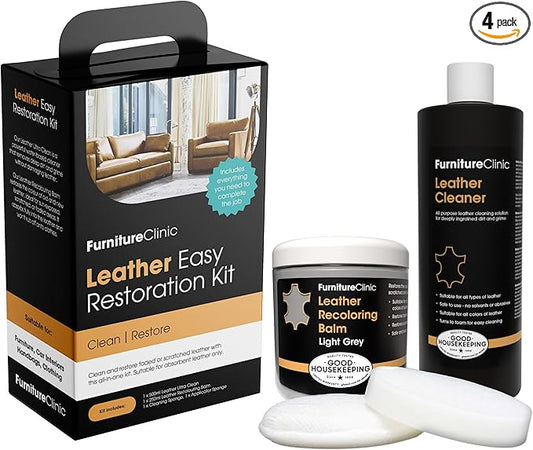 Furniture Clinic Leather Easy Restoration Kit | with Leather Recoloring Balm, Cleaner, Sponge, and Cloth | Leather Repair Kit for Scratched and Faded Furniture (Light Grey)