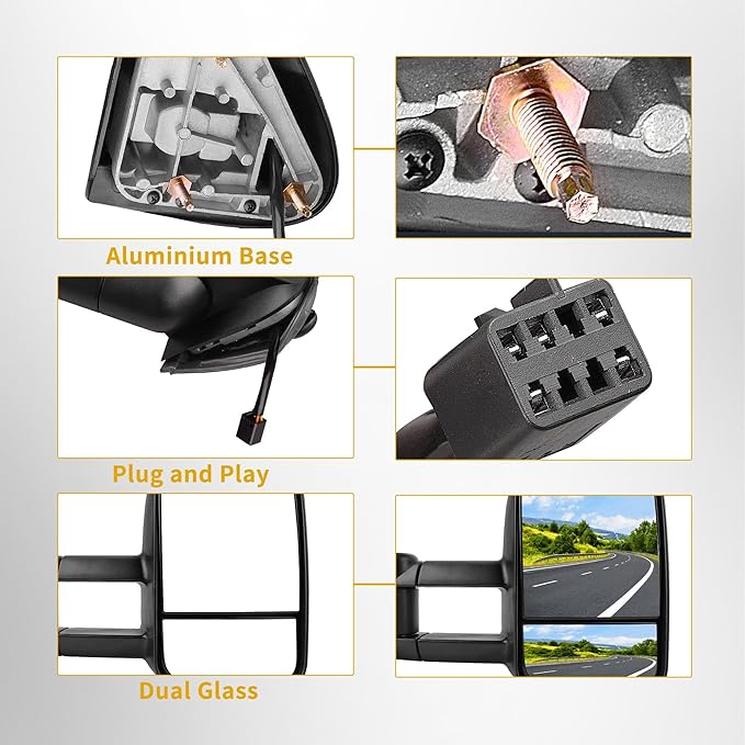 DWVO Power Heated Telescoping Towing Mirrors for 1999–2002 Chevy Silverado, GMC Sierra 1500/2500/3500, Suburban, and Yukon XL, Dual Glass, Extendable, Folding Mirror Pair Set, Black