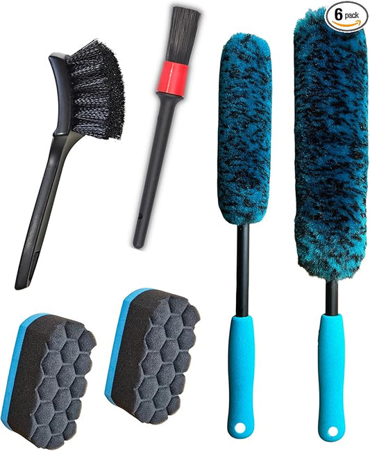 6PCS Car Wheel Cleaning Detailing Pro Kit, Tire Brush, 2 PCS Soft Woolies Rims Brush, Detailing Brush, and Tire Dressing Pads, Scratch-Free & Multipurpose Tire Brush