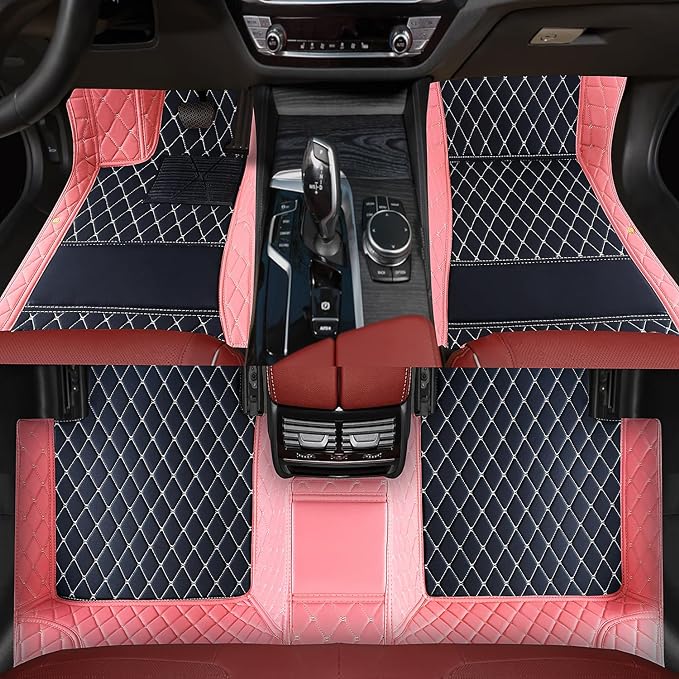 Custom Floor Mats - Suitable for 99% Cars, Trucks, SUVs - All Weather Personalized, Full Coverage Luxury Mats - Anti-Slip Leather - Pink and Black