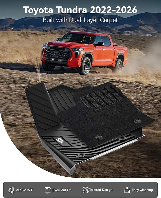 3W Floor Mats & Front Carpets Fit 2022-2026 Toyota Tundra (Only for CrewMax Cab), SR/SR5/TRD PRO/Limited/Platinum/Castone Custom Fit All-Weather TPE Front & Rear Row Floor Liner Black