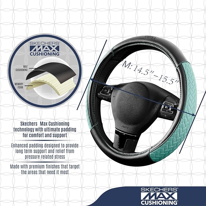 Skechers Steering Wheel Cover,Max Cushioning Leather Steering Wheel Cover Universal Fit 14" 1/2-15" Car Wheel Protector for Men Women Fit Suvs,Vans,Sedans,Car,Trucks,Mint