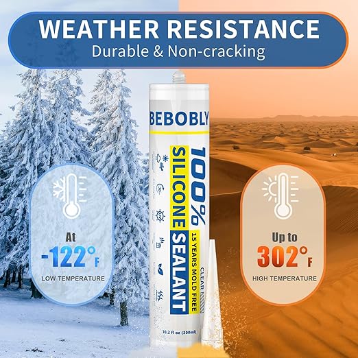 Silicone Caulk & Sealant Clear, 100% Waterproof Silicone Sealant, Shrink & Crack Proof, Silicone Sealant Caulking for Kitchen, Bathroom, RV, Interior & Exterior Use, 10.2 FL. OZ/300ML, 12 Pack