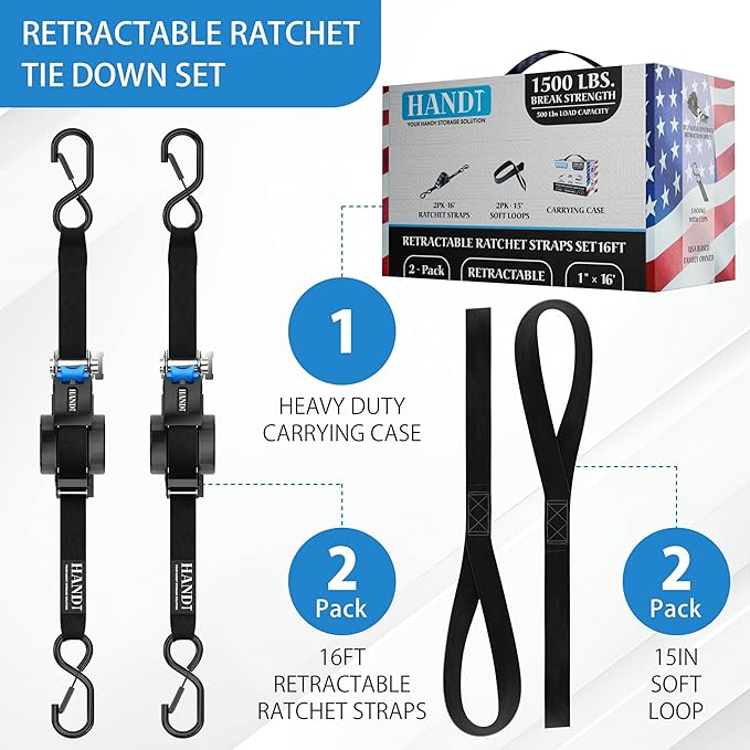 USA Based Retractable Ratchet Straps (2PK) 1in x 16ft - 1,500lb Break Strength, Heavy Duty Automatic Ratchet Straps Self Retractable Tie Down, Push Button Retracting Truck Trailer Cargo | Black