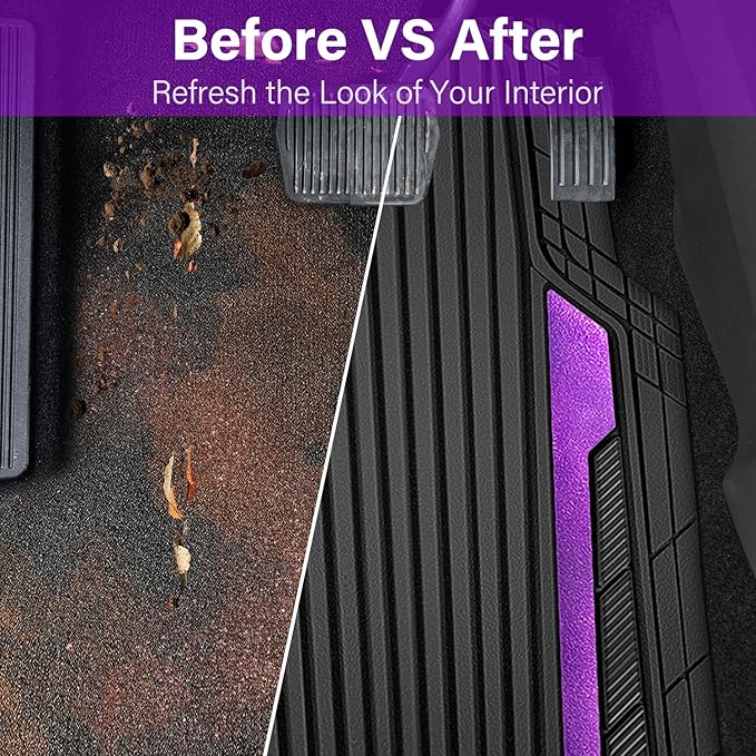CAR PASS Heavy Duty Rubber Car Mats Metallic,Aluminum Film All Weather Floor Mats Waterproof Universal Trim to Fit SUVs Sedans Vans 4 Piece Anodized Deep Dish Two-Tone Sporty Black Purple Chrome