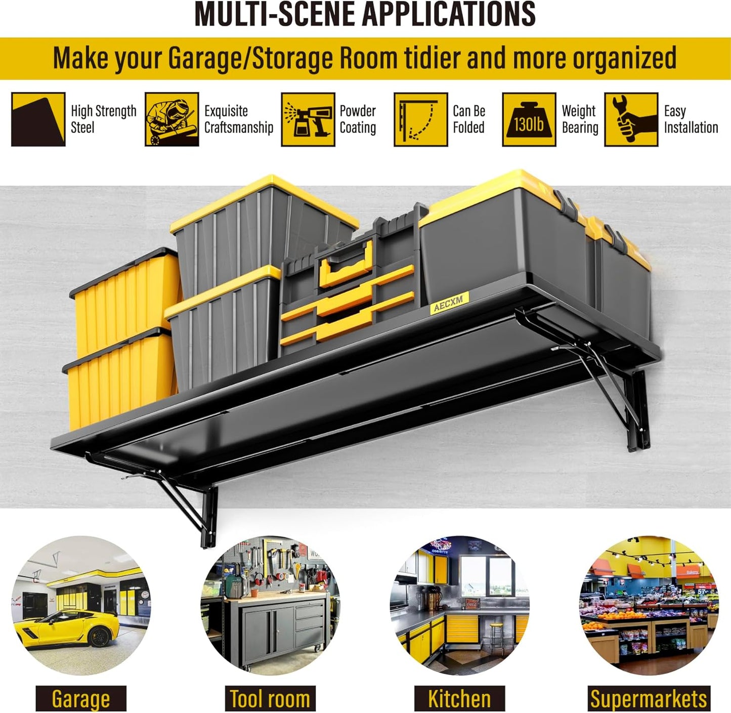 1.3x4ft Adjustable Rail Type Folding Storage Rack Shelf, Suitable for Garage, Storage Room, Kitchens Wall Shelf,Garage Storage Rack Floating Shelves, Wall Mounted Folding Table(1pcs-Black)