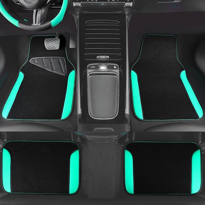 CAR PASS Faux Leather Steering Wheel Cover and Waterproof Car Floor Mats,Universal Car Combo Fit for 95% Sedan,SUV,Cars,14.5-15inch Sporty Anti-Slip Safety Comfortable Design(Black＆Mint)