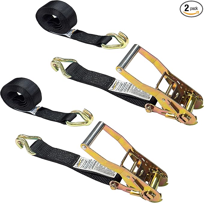 US Cargo Control J Hook Ratchet Straps 2 Inch x 18 Foot (2-Pack), 10,000 LBS Break Strength, Heavy Duty Ratchet Straps with Double J-Hooks, Black Tie Downs for Trucks, Trailers, Securing Cargo