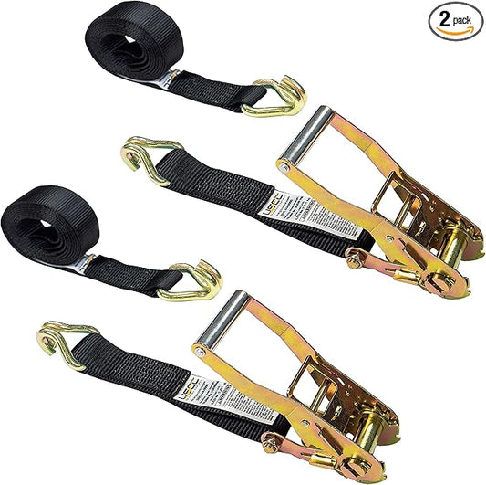 US Cargo Control J Hook Ratchet Straps 2 Inch x 18 Foot (2-Pack), 10,000 LBS Break Strength, Heavy Duty Ratchet Straps with Double J-Hooks, Black Tie Downs for Trucks, Trailers, Securing Cargo