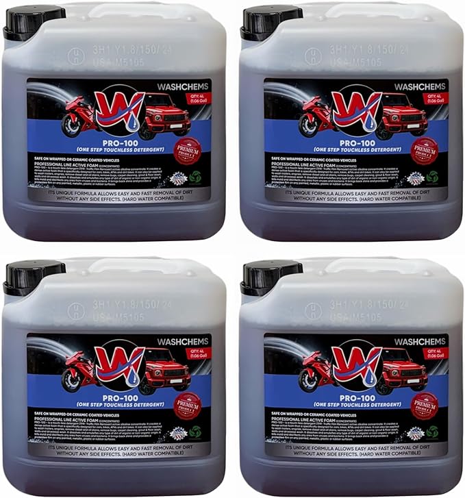 Wash Chems Pro 100 Touchless Car Wash Detergent Soap Concentrate (1 Gal, 128 oz) No Brushing (Heavy-Duty) Commercial Grade Professional Auto Foam Cleaner Great for Trucks & Tractors (4, 1 gallon)