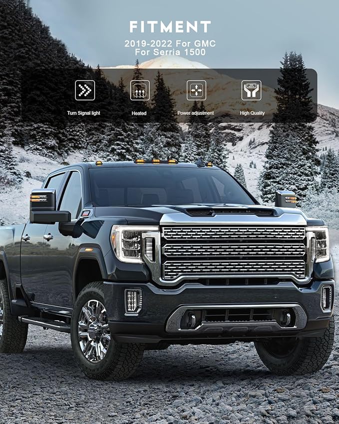 OCPTY Power Heated Towing Mirror Fit For Silverado 2500 HD 2019-2022 For Silverado 3500 HD 2019-2022 Power Heated Turn Signal Width Puddle Running Back-up Light Temp Sensor Chrome Driver & Passenger