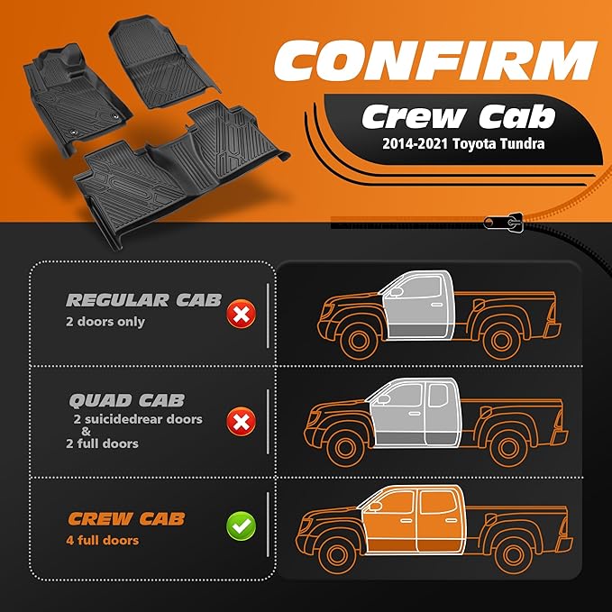 Floor Mats for Toyota Tundra (Only for CrewMax Cab 2014-2021), Custom Fit Front & Rear Row TPE All-Weather Car Liners for Trucks