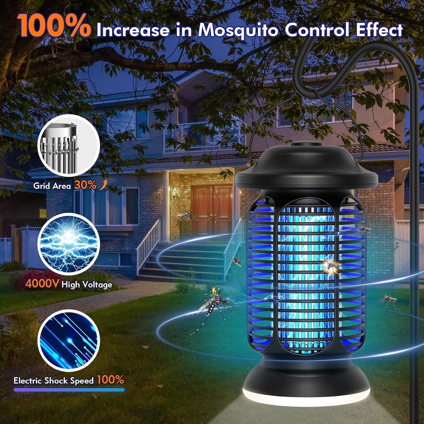 Bug Zapper Outdoor Indoor, Electric Fly Zapper Waterproof with 2W LED Light, 18W Power & 4000V High-Voltage, Coverage Area of 1/2-1 Acre, 5.5ft Cord, Plug-in Mosquito Trap for Patio Backyard Garden
