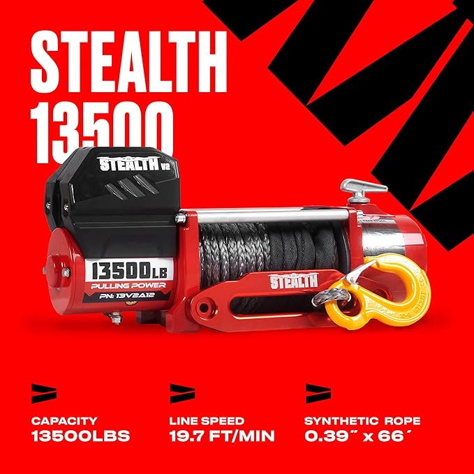 Stealth Winches 13500lb Truck Winch,12-Volt Electric Winch with 2 Wireless remotes and Synthetic Rope, 4x4, Perfect for Off-Road SUV Towing Trailer Winch, Weatherproof, with Hawse Fairlead Heavy Duty