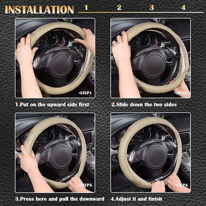 CAR PASS Line Rider Microfiber Leather Sporty Steering Wheel Cover Universal Fits for 95% Truck,SUV,Cars, Anti-Slip Safety Comfortable Desgin (Beige-Carbon Fiber)