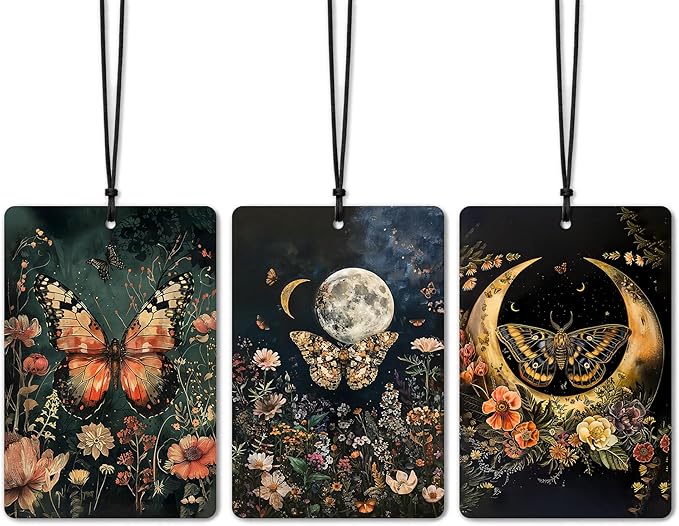 Vintage Dark Floral Witchy Moth Moon Butterfly Car Air Freshener 3 Pcs, Dark Cottagecore Botanical Hanging Air Freshener for Cars Closet Drawer Books, Gothic Flower Car Accessories for Women