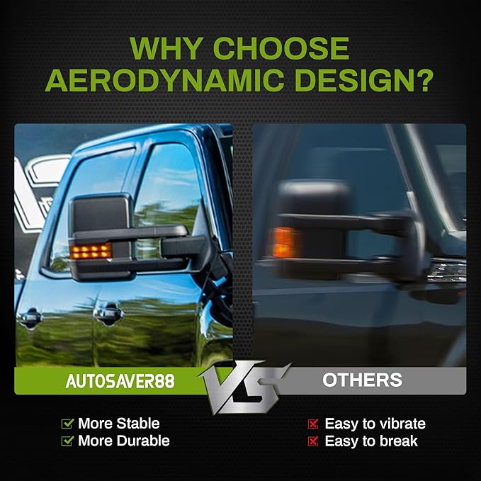 AUTOSAVER88 Towing Mirrors Compatible with 2007-2013 Silverado 1500 2500 3500 Tahoe Suburban Avalanche GMC Sierra Yukon Cadillac Power Heated LED Turn Signal Light Manual Telescoping Folding Black