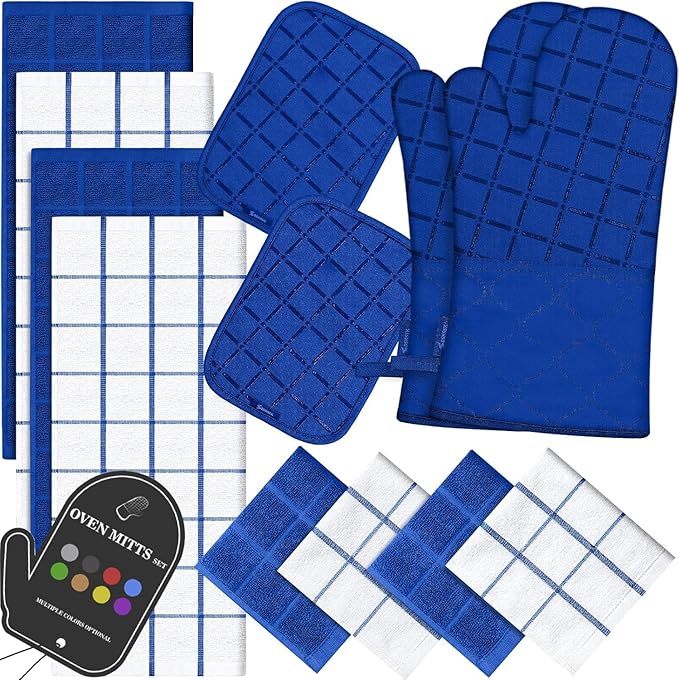 Oven Mitts Pot Holders Sets/Kitchen Towels and Dishcloths, Oven Gloves Kitchen Dish Towels 500 Degree Heat Resistant Potholders with Non-Slip Silicone Surface for Cooking, Grilling, Baking-Royal Blue