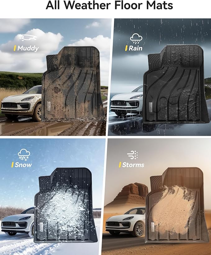 3W Floor Mats Compatible for Porsche Macan 2014-2025 TPE All Weather Custom Fit Floor Liner 1st and 2nd Row Car Mats Black