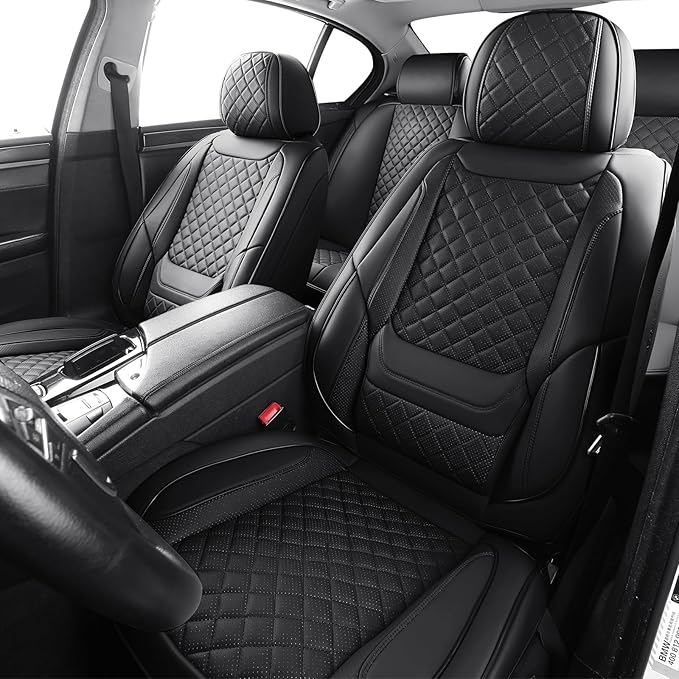 Leather Front Seat Covers for Cars Breathable Seat Covers Waterproof Seat Protectors Universal Fit for Most Automotive Cars SUV Trucks Van (Black, Front Pair)