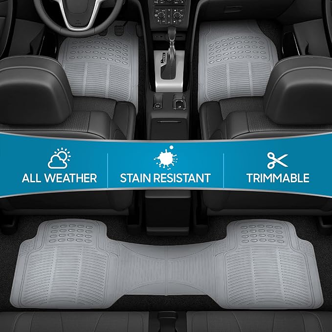 BDK Original ProLiner 3 Piece Heavy Duty Front & Rear Rubber Floor Mats for Car SUV Van & Truck, Gray - All Weather Floor Protection with Universal Fit Design