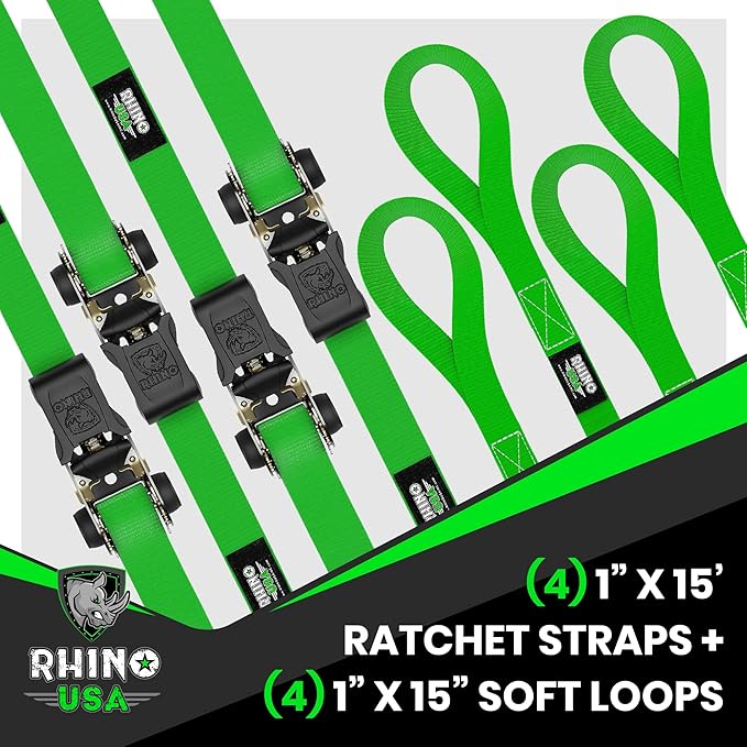 Rhino USA Ratchet Straps Tie Downs (4-Pack) - 1 Inch x 15 Feet (1,823lb Break Strength) - Ultimate Tie Down Straps with Safety S Hooks - for Trucks, Cargo, Moving, Appliances - Green
