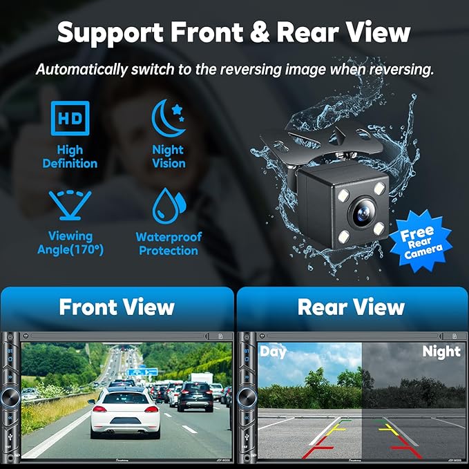 Upgrade Wireless Double Din Car Stereo with Carplay, Android Auto, Bluetooth, 4-Channel RCA, High Power, 2 Subwoofer Ports, 7" HD Capacitive Touchscreen Car Radio, Backup Camera, Audio Receiver