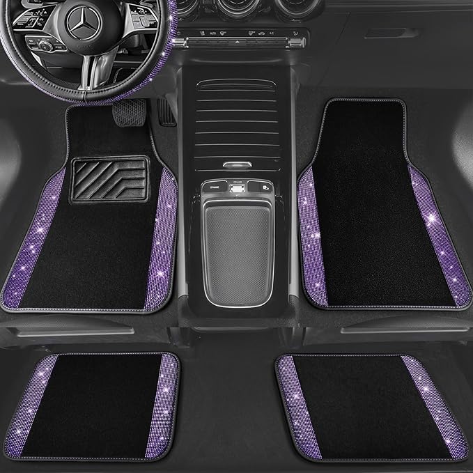 CAR PASS Bling Diamond Leather Steering Wheel Cover 14.5in-15in Floor Mats Shining Rhinestone Carpet Sparkly Glitter Crystal Anti-Slip Pad Fit Automotive SUV Pickup Truck Girl Women, 5pcs Black Purple