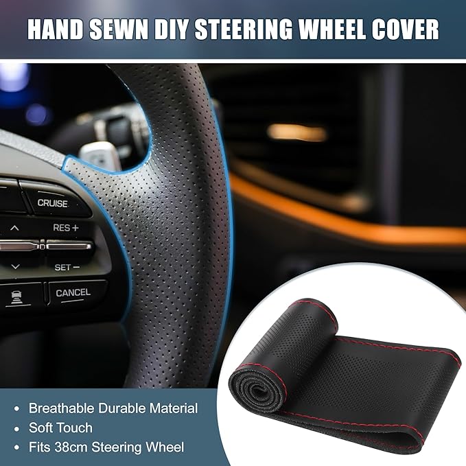 Car Hand Sewn DIY Steering Wheel Cover Breathable Comfortable 32-35cm Stitch on Wrap Cover Microfiber Leather Black Stitches Red