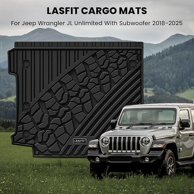 LASFIT Trunk Mat for Jeep Wrangler JL 2018-2024 2025 4 Door Cargo with SUBWOOFER, All Weather TPE Custom Fit Cargo Mat Fit for Flat Load Floor Gas Type, Black (Not for JK/Not PHEV/Not 2-Door)