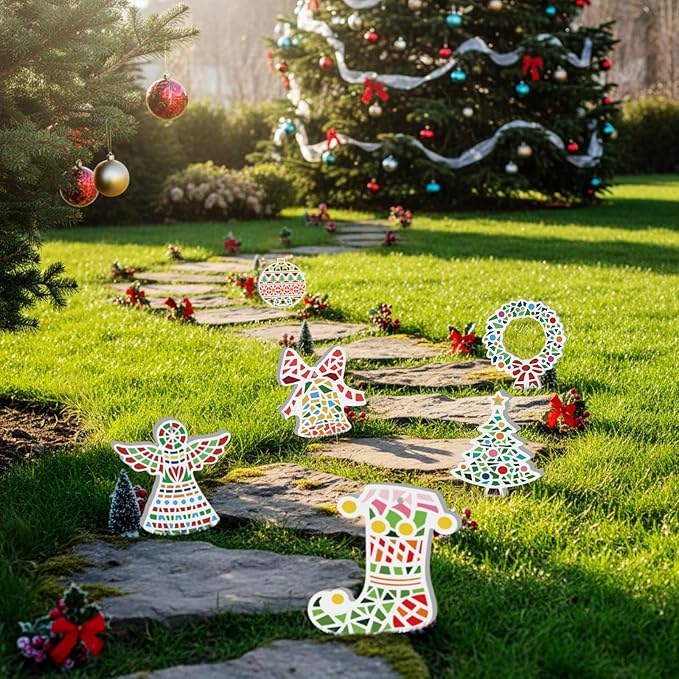 Gersoniel 6 Pack Christmas Ceramic Ornaments Painting Crafts Adult Unpainted Christmas Stepping Stone Kit Ready to Paint Mosaic Ceramic Figurines with Paints Brushes DIY Hanging for Holiday Xmas Tree