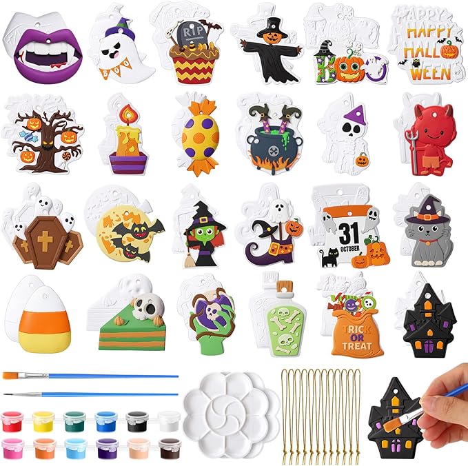 Seenelling 24 Sets Halloween DIY Painting Kits Paint Your Own Ceramics Pumpkin Ghost Unpainted Plaster Statues Arts and Crafts with Brush, Lanyard for Kids Halloween Gifts Party Decor (Fun)