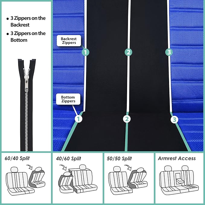 FH Group Automotive Car Seat Covers Full Set Premium 3D Air Mesh Front Seat Covers, Airbag Compatible & Split Bench Cover Universal Fit Interior Accessories for Cars Trucks and SUVs - Blue